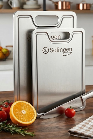 Solingen Paslanmaz Çelik Gıda Dostu Kesme Tahtası 2'li Set Parmak İzi Bırakmaz Inox