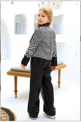 Riccotarz Kız Çocuk Üzeri Leopar Ve Kazayağı Deri Detaylı Ceket Bol Kesim Pantolon Siyah Alt Üst Takım Siyah