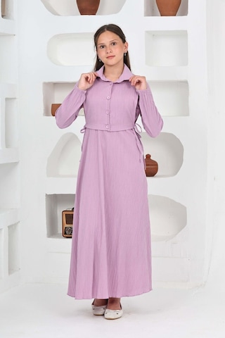 Kız Çocuk Uzun Boy Gofre Kumaş Jile & Elbise İki Parça Takım Astarlı Zarif Set-4948 Lila