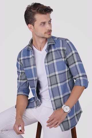 Mavi Gri Kareli Slimfit Oduncu Erkek Gömlek Mavi