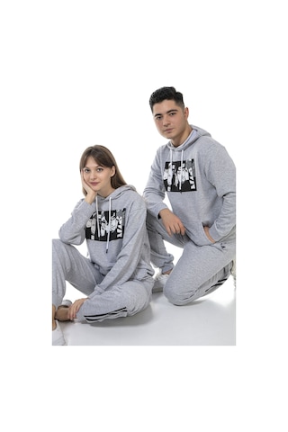 Vishenka Unisex Anime Baskılı 3 İplik Kapüşonlu Eşofman Takımı Gri