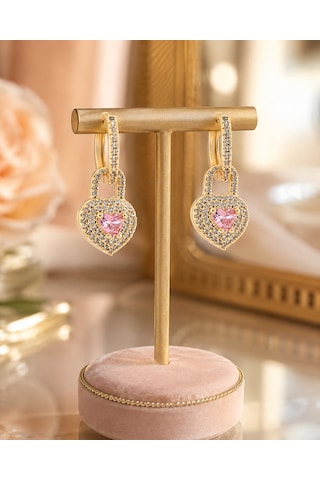 14k Altın Kaplama Kalp Detaylı Pembe Taşlı Zirkon Küpe - Kilit Tasarım Sallantılı Küpe Altın - Pembe