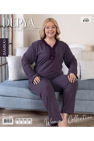 Derya Kadın Büyük Beden Dantel Yaka Bambu Uzun Kol İnce Pijama Takımı 8107m - 1 Adet Mürdüm