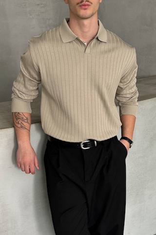 Erkek Polo Yaka Fitilli Oversize Triko Kazak Bej