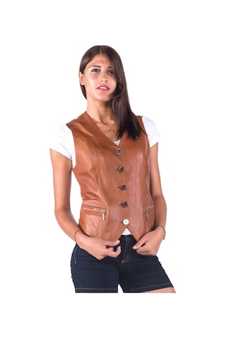 Dericlub Vittoria Kadın Düğmeli Slim Fit Hakiki Deri Yelek Viski Viski Kahverengi