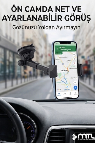 Otomatik Kilitli Teleskopik Kol Araç İçi Telefon Tutucu Dayanıklı Ve Güçlü Vantuz 360 Döner Mt6042 Siyah