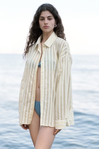 Rosy Transparan Çizgili Sarı Oversize Gömlek sarı