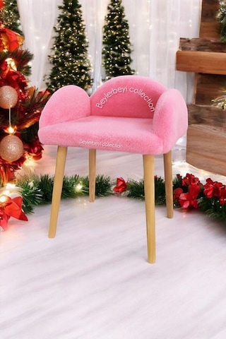 Makyaj Pufu, Pembe Renkli, Dekoratif Puf, Yüksek Ayaklı Puf, Mini Berjer Koltuk Pufu Pembe