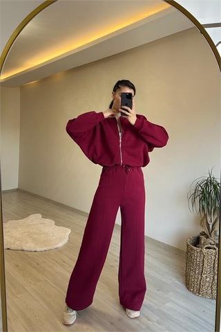 Neşeli Butik Kadın Fermuarlı Oversize Sweat Ve Yüksek Bel Eşofman Takımı Nm018 Bordo
