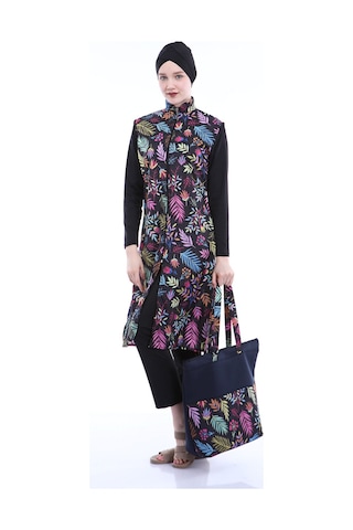 Tam Kapalı Tesettür Mayo Deniz Mayosu Renkli Çiçekler Td21-249 Siyah Siyah