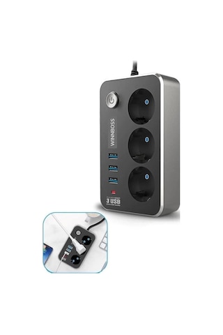 Isıya Dayanıklı Termal Akım Korumalı 2 Mt 10a 2500w 3lü Priz Ve 3 Usbi 21a Uzatma Kablosu Rekli