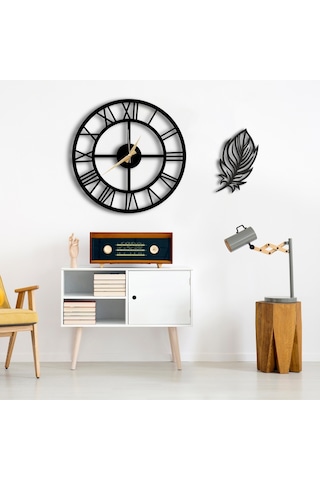 50X50 Dekoratif Duvar Saati + Tablo 40X40 Cm Hediye Siyah