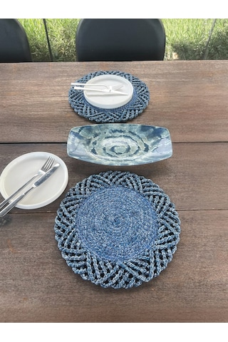 2'li Set Hasır Görünümlü Amerikan Servis-leke Tutmaz Mavi 33 Cm Mavi