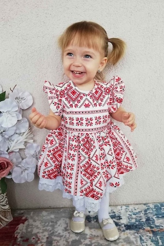 Fırfır Detaylı Etnik Desenli Poplin Kırmızı Beyaz Kız Çocuk Bebek Elbise 001