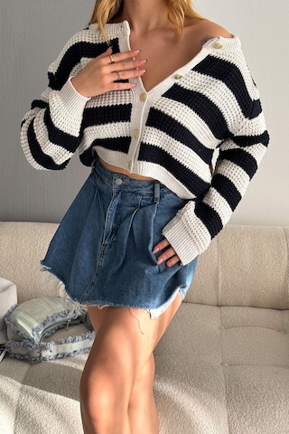 Noa & Noa Kadın Altın Düğmeli Çizgili Triko Hırka Yumuşak Dokulu & Oversize Kesim Ekru