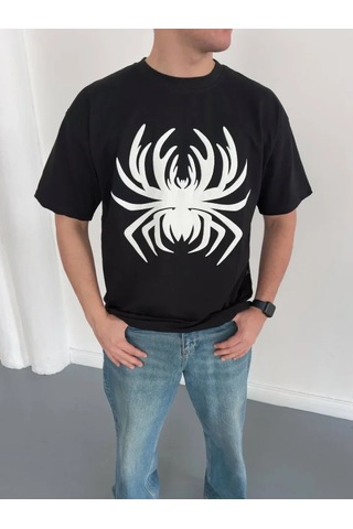 Modi Erkek Örümcek Baskılı Tişört Kısa Kollu Bisiklet Yaka T-shirt - Siyah Açık Lacivert - Gri - Siyah