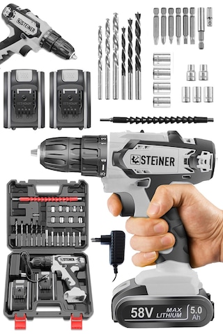 Steiner Kupfer Darbeli 58 V 5 Ah Çift Akülü Vidalama Matkap Gri + 24 Parça Set