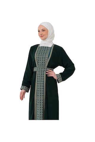 Zaytoon Nakışlı İç Elbiseli Ve Kemerli İki Parçalı Filistin Mirası Abaya Seti Yeşil