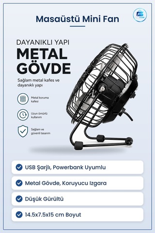Masaüstü Mini Fan Usb Şarjlı Metal Gövde 14.5x7.5x15 Cm Sessiz Ta