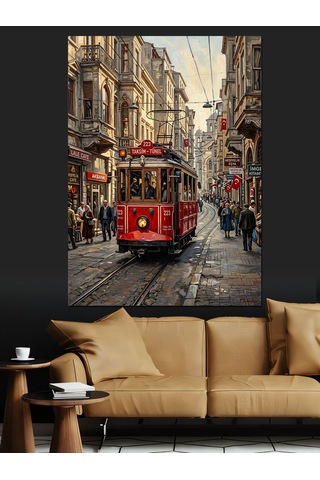 Yağmurlu Şehirde Kırmızı İstanbul Tramvayı Dekoratif Kanvas - Mdf Ahşap Tablo