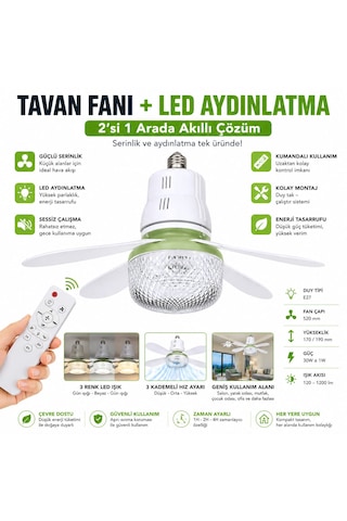 Tavan Fanı + Led Aydınlatma E27 Duy 3 Kademeli Kumandalı Sessiz Mini Tavan Vantilatörü 520mm