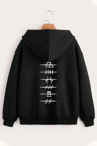Relax&Basic Unisex Baskılı Kapüşonlu Fermuarlı Sweatshirt Siyah Siyah