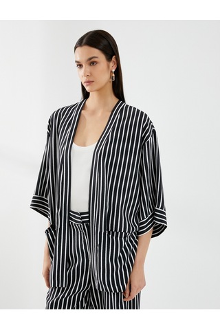 Koton Viskon Kimono Yarım Kollu Cep Detaylı Siyah Çizgili 4sak50080uw 4SAK50080UW9S9 Siyah