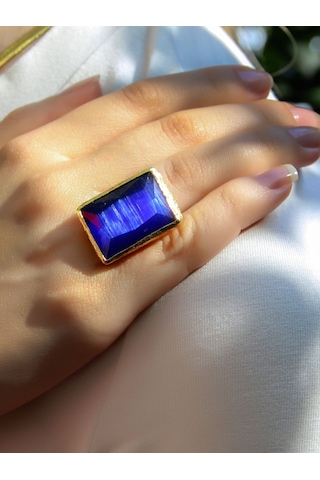 Kedi Gözü Cam Kadın Ayarlanabilir Altın Kaplama Yüzük Saks Mavi Euy69sm Mavi