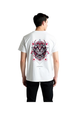 Paybuy Erkek Tişört Geometrik Samuray Miğferi Vektör Baskısı Cyberpunk T Beyaz