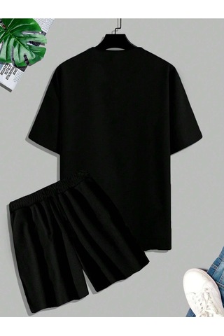 Unisex Oversize Paris Baskılı Siyah Bisiklet Yaka T-shirt Şort Siyah