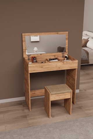 Df02113 Kapaklı Aynalı Bölmeli Puflu Makyaj Masası Atlantik Çam