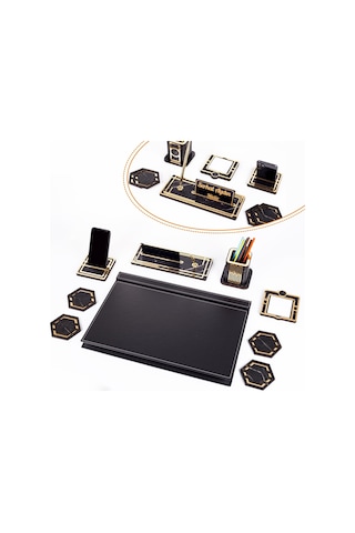 Roxy Siyah Deri Sümen Takımı Gold Mermer Desen Ahşap İsim Yazılı Masa İsimliği Masaüstü İsimlik Seti