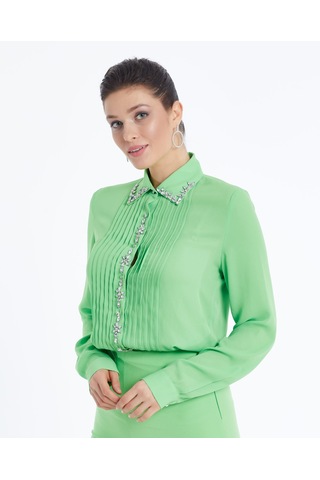 Kadın Taş Detaylı Gömlek Şık Düğme Ve Yaka İşlemeli Yeşil