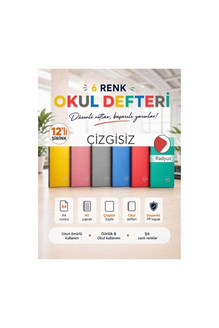 Pp Kapak Spiralli 40 Yaprak A4 Çizgisiz 12 Adet Defter Çok Renkli