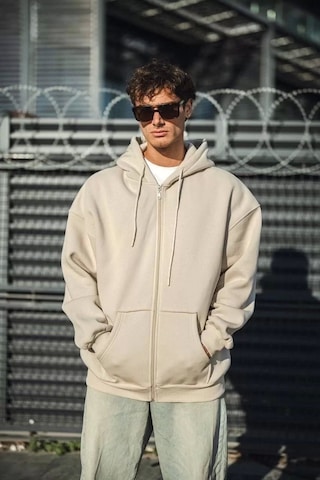 Oversize Tam Fermuarlı Uzun Kol Hırka - Bej Bej