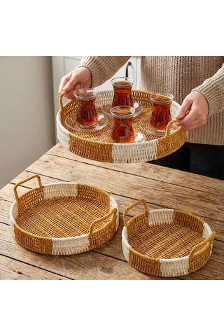 Durukar İç İçe Geçebilen 3 Lü Yuvarlak Plastik Rattan Tepsi Seti Çift Renkli Hasır Görünümlü Çok Am