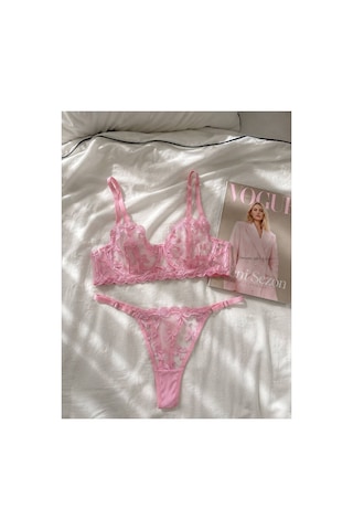 Brem Pembe Fiyonklu Balenli Bralet Takım