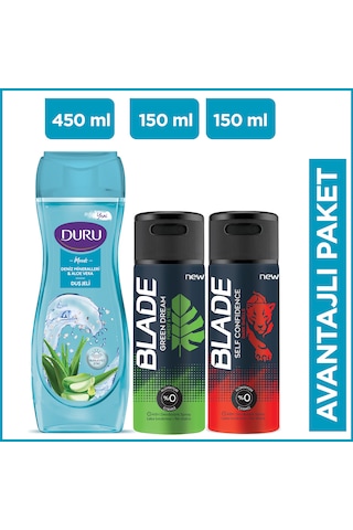 Blade Green Dream + Self Confidince Erkek Sprey Deodorant 2 x 150 ML + Duru Moods Deniz Mineralleri Duş Jeli 450 ML