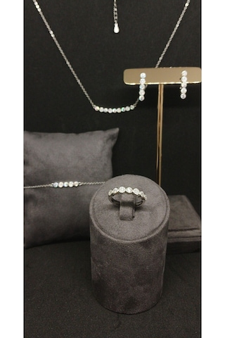 925 Ayar Gümüş Taşlı Takı Seti - Kolye, Küpe Ve Yüzük Kombini 12,28gr. Gümüş