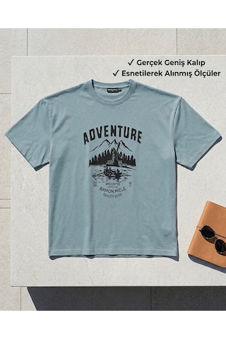 Büyük Beden Bisiklet Yaka Baskılı Erkek Tshirt Turkuaz
