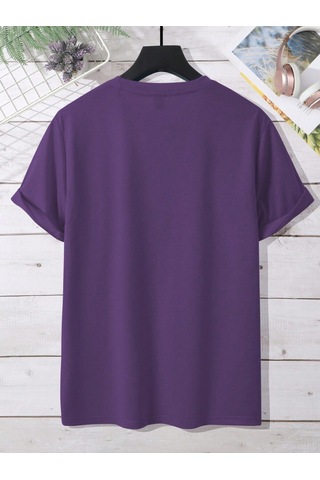 Üçgen Dağ T-shirt - Mor Baskılı Oversize Bisiklet Yaka Kısa Kol Tişört Mor