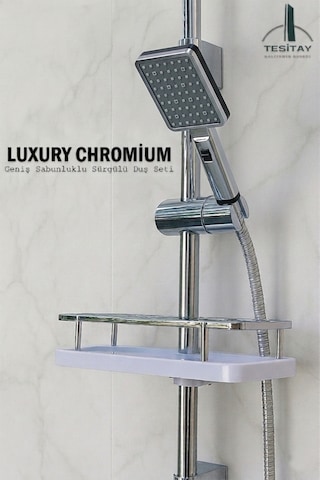 Sürgülü Duş Seti Geniş Şampuanlıklı Banyo Takımı Metalik Renk Krom