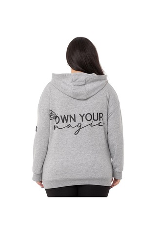 Büyük Beden Sırtında Yazı Detaylı Kapüşonlu Kanguru Cepli Üç İplik Gri Melanj Sweatshirt-gri Melanj Gri Melanj