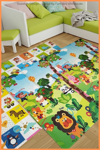 Happy Jungle Çift Taraflı Katlanabilir Oyun Halısı Ve Matı Premium Seri Taşıma Çantalı-180x120