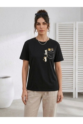 Primemagazam Kadın Sevimli Kedi Cep Baskılı Tişört Kısa Kol Yazlık T-shirt - Siyah Çeşitli