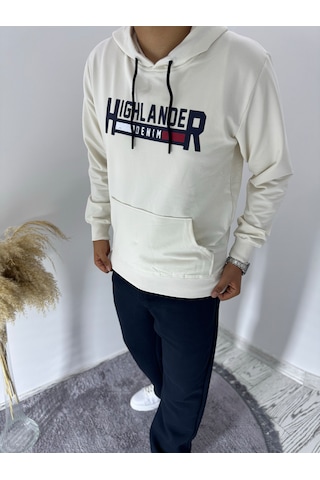 Say-Has Fashion Kapüşonlu Göğüs Baskılı Sweatshirt Bej