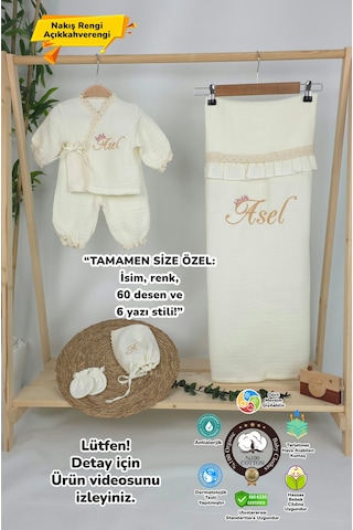 Gros Shop Müslin Yeni Doğan 4katlı Organik %100pamuk Kişiye Özgü Nakışlı Hastane Çıkış Seti Papatya Model-2 Ekru