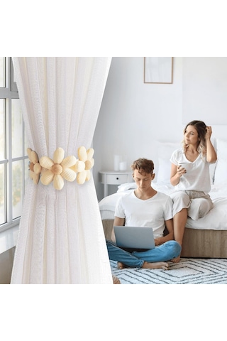 Bej 2 Adet Çiçekli Perde Bağları 45 X 6,5 Cm Düğmeli Basit Perde Bağları, Yatak Odası Pencereleri İçin Dekoratif Perde Bağları Diğer