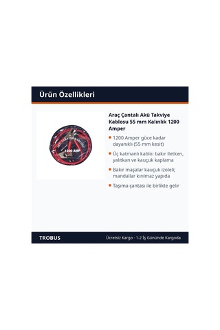 Trobus Araç Çantalı Akü Takviye Kablosu 55 Mm Kalınlık 1200 Amper