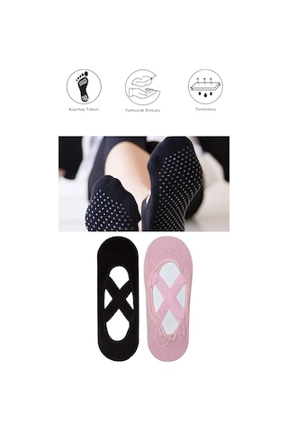 2 Adet Kadın Kaydırmaz Tabanlı Yoga Pilates Fitness Dans Ve Spor Çorabı Siyah - Pembe
